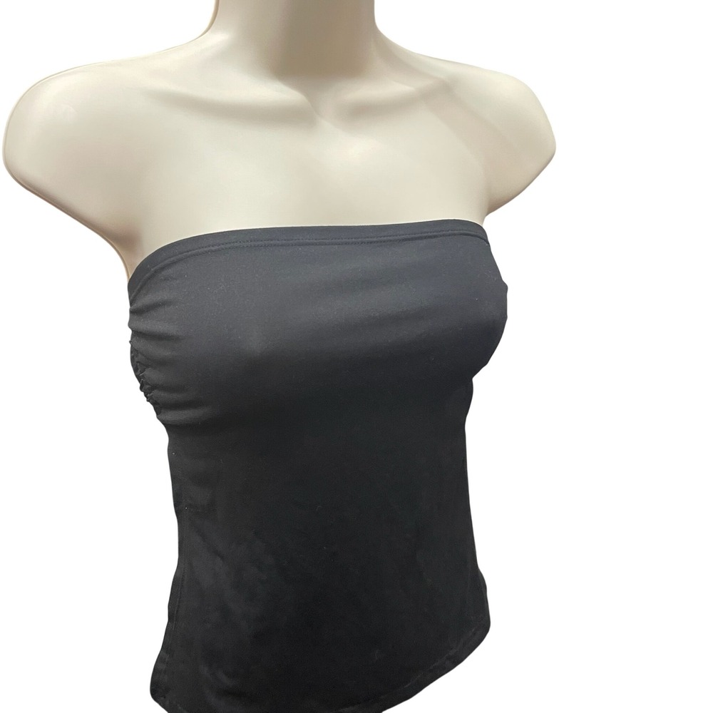 Black Strapless Tube Top Open Back‎ Double Tie Ruched Side Bandeau Small
